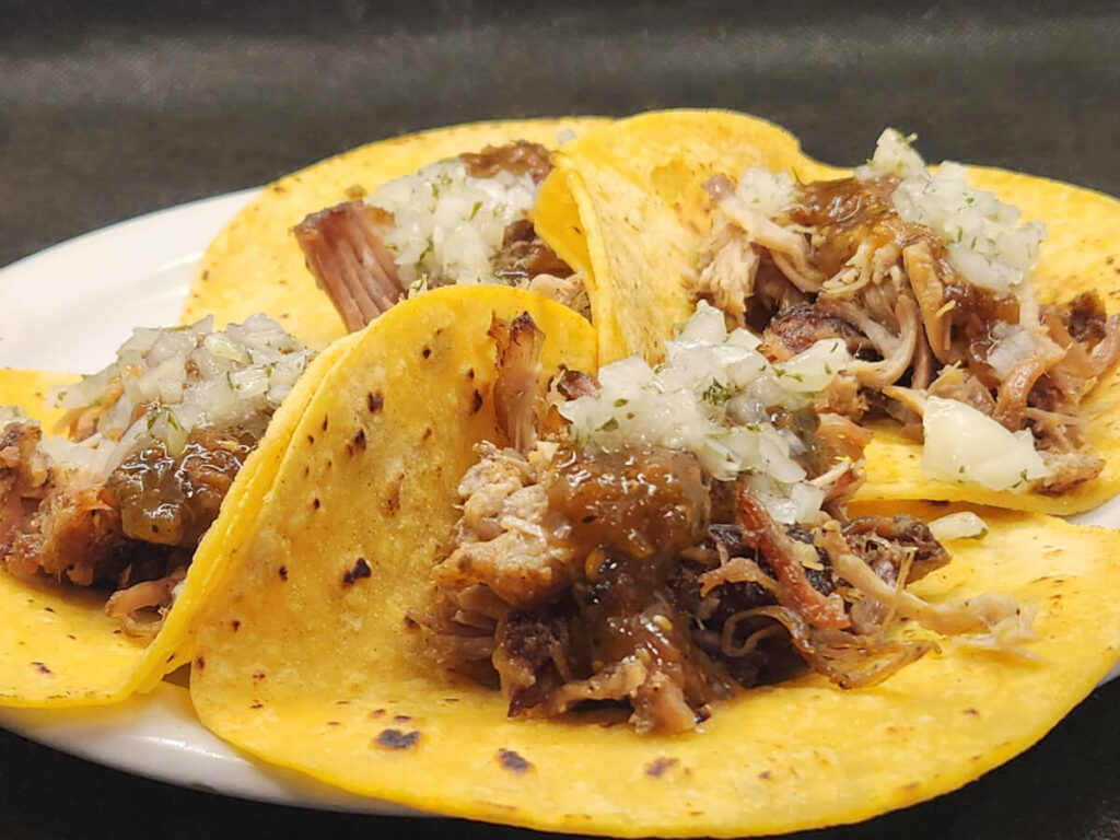 JAHZKITCHEN Carnitas Tacos with Poblano Salsa, Onions with Parsley and Lime