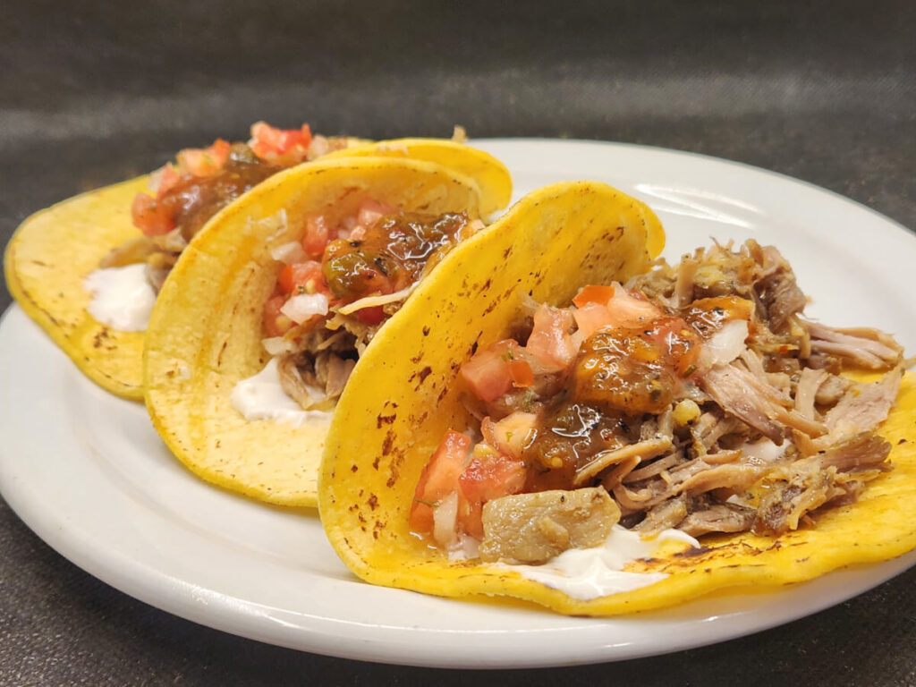 JAHZKITCHEN Carnitas Tacos with Sour Cream, Pico de Gallo, and Quemada Salsa
