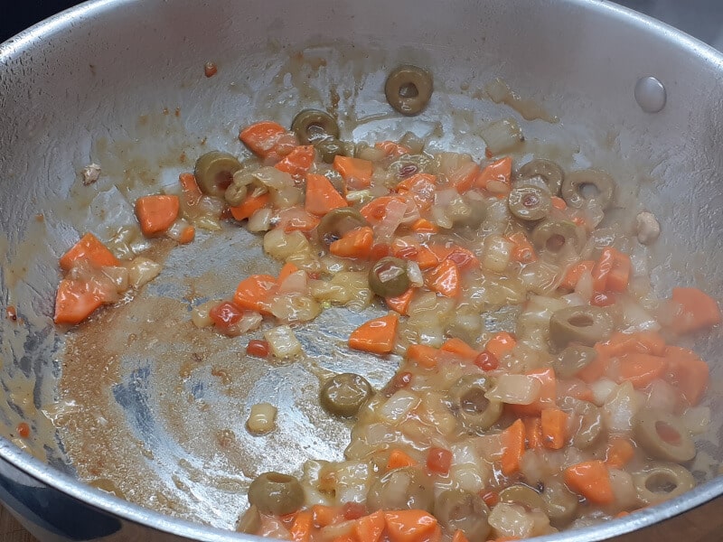 Sauteed Onions Carrots Olives with Flour and Wine reduced to dry
