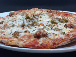 JAHZKITCHEN Pita Pizza With Ground Beef, Italian Sausage, Peppers, Bacon and Olives