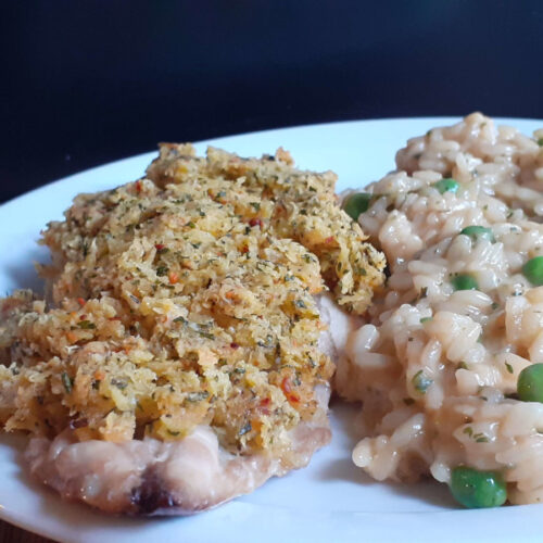 Baked Crusted Mackerel with Shrimp Risotto