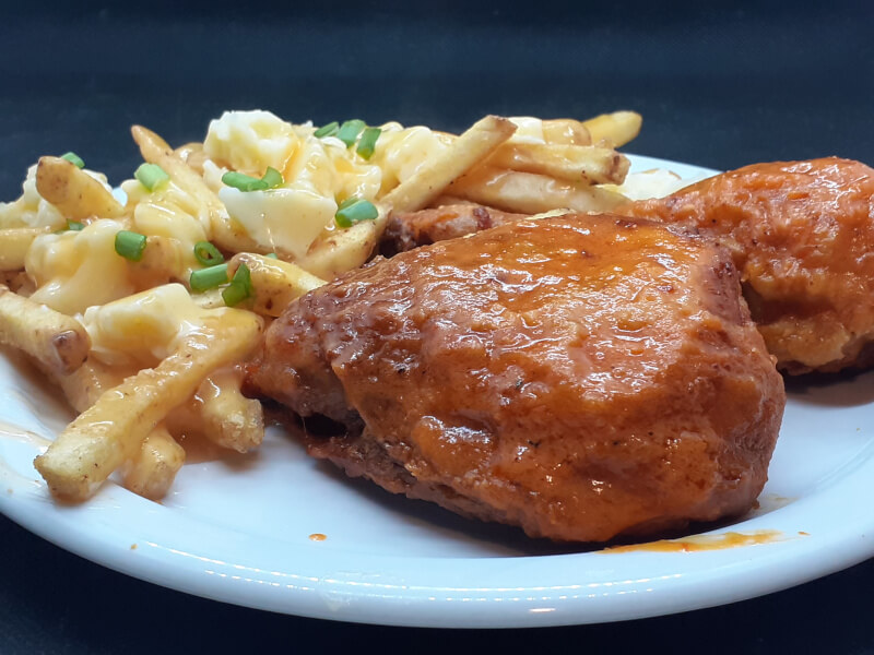 Baked Buffalo Chicken & Franks Poutine