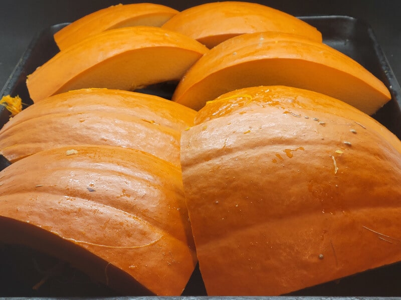 Chopped Pumpkin on a baking tray to cook in the oven