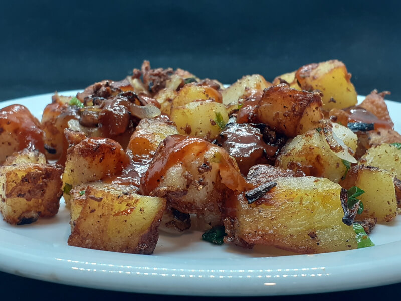 Hash Browns with Bacon, Onion, Green Onions and Hash Brown Sauce