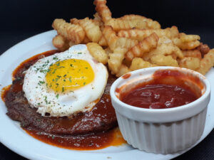 Beef Steak & Eggs with Fries and Spiced Ketchup