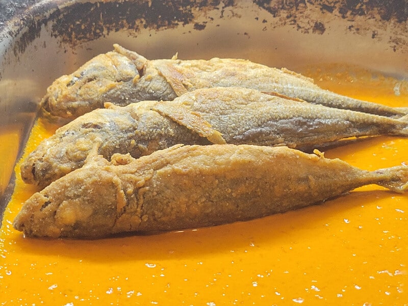 Placing Pan Fried Mackerel in the pan with Villain Sauce - emulsified