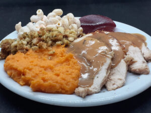 Sliced Turkey & Drip Gravy, Sweet Potatoes, Stovetop, Cranberry and Ham Cheese Pasta Salad