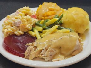 Turkey, Gravy, Mashed Potatoes and Sweet Potatoes, Vegetables, Cranberry, Ham and Cheese Pasta Salad