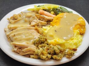 Turkey, Gravy, Mashed Potatoes and Sweet Potatoes, Vegetables, Stovetop