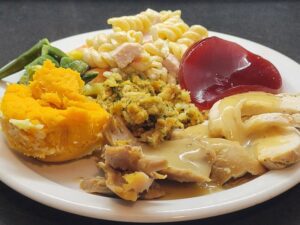 Turkey, Gravy, Mashed Sweet Potatoes, Stovetop, Cranberry, Ham and Cheese Pasta Salad, Vegetables