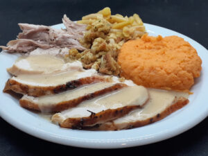 Turkey, Gravy, Sweet Potatoes, Stuffing, Waxed Beans