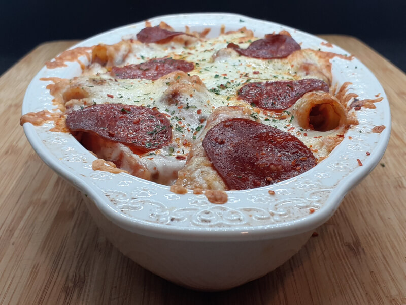 Garnished Pizza Pasta Bake with Pepperoni on top