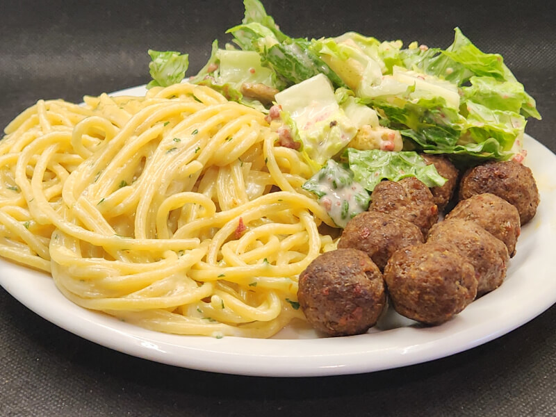 Garlic Butter Pasta with Donair Meatballs and Caesar Salad