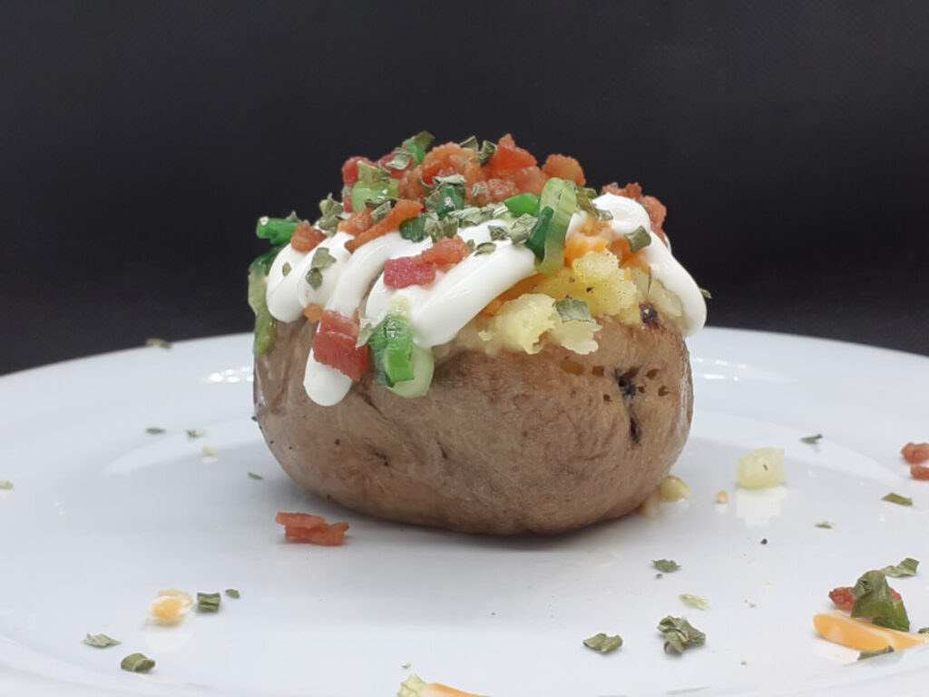 JAHZKITCHEN Baked Potato with Cheese, Sour Cream, Green Onions, Bacon, Chives