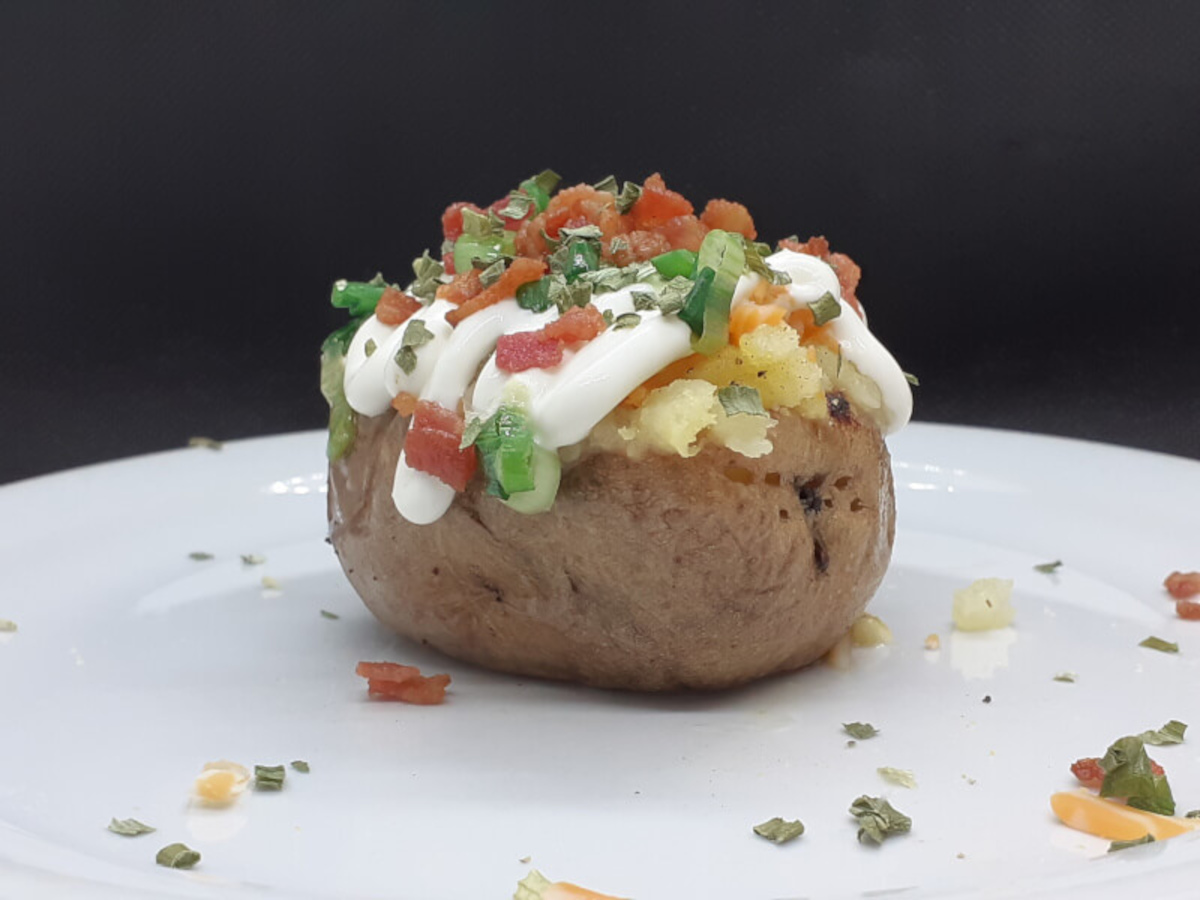 JAHZKITCHEN Baked Potato with Cheese, Sour Cream, Green Onions, Bacon, Chives