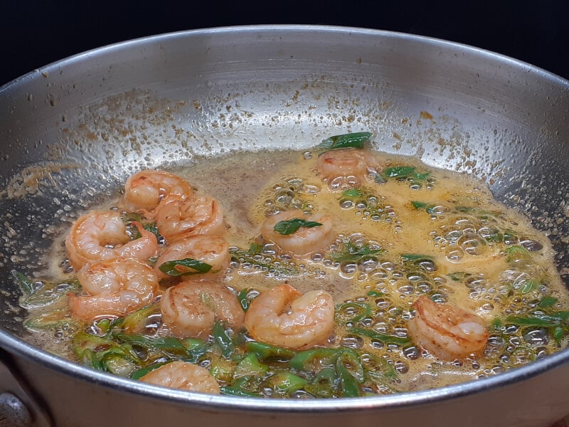 Shrimp Fried in Buffalo Sauce and Green Onions added last