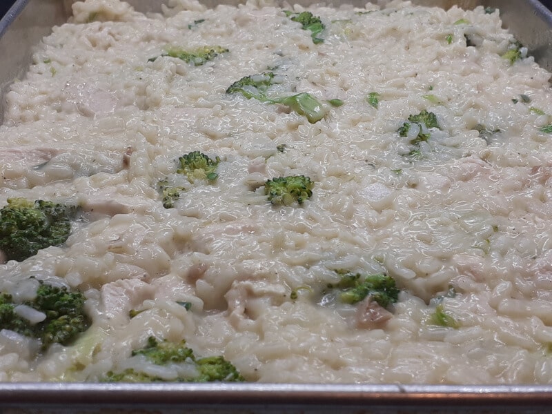 Chicken Broccoli Rice Emptied into Casserole