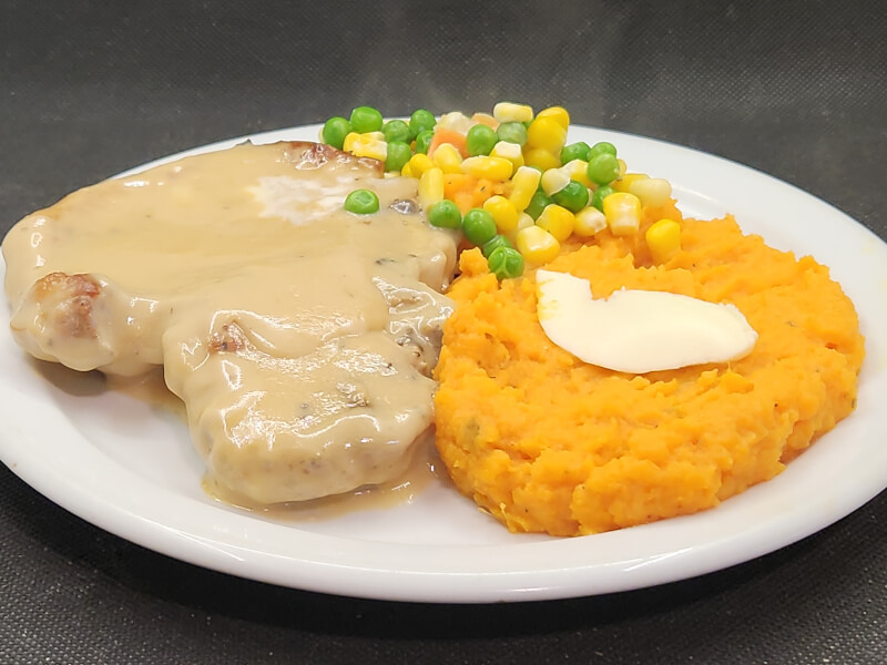 Cream of Mushroom Pork Chops with Mashed Sweet POtato and Vegetables