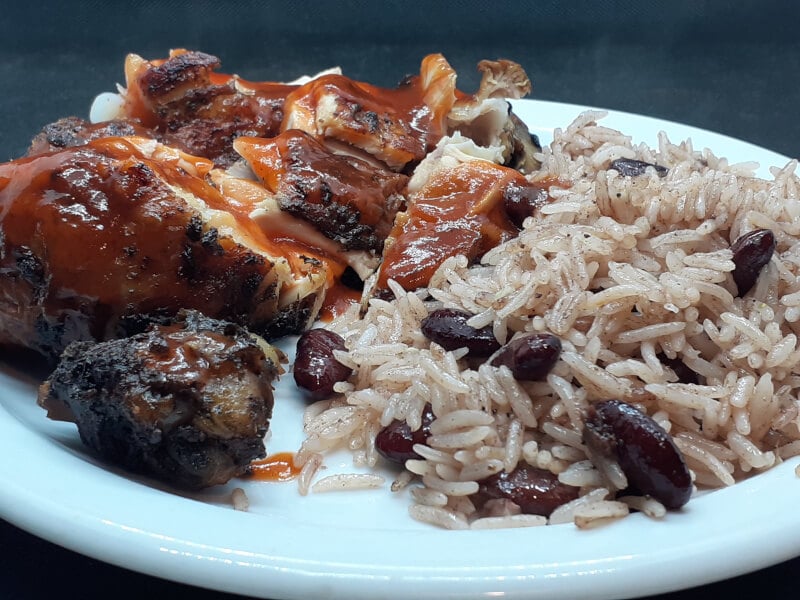 Coconut Fat Jerk Chicken with Rice and Peas