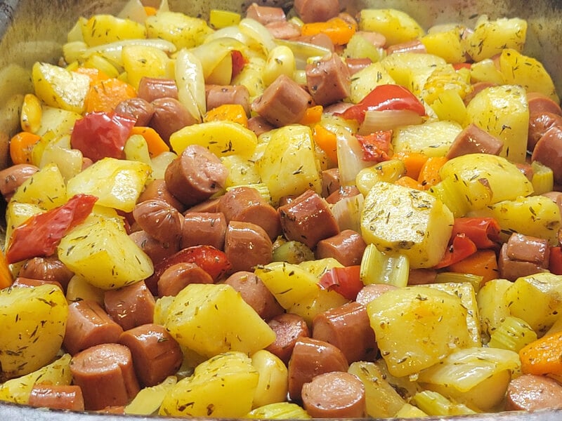 Roasted Vegetables with Hot Dogs