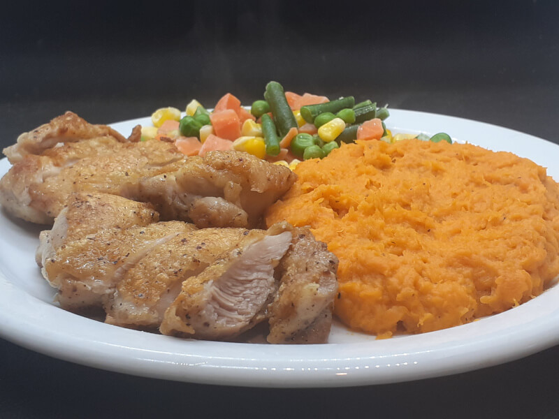 Salt & Pepper Seared Thighs and legs with Mixed Veg and Sweet Potatoes