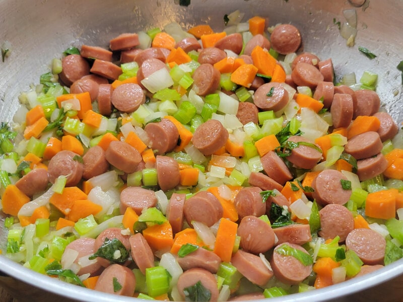 Fried Hot Dogs & Mirepoix with Garlic