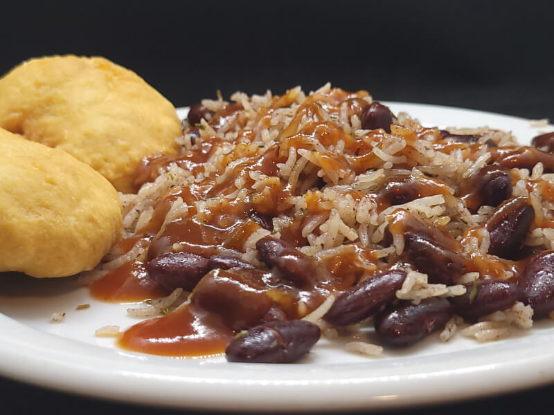 Rice & Peas with Jerk Sauce and Johnny Cakes