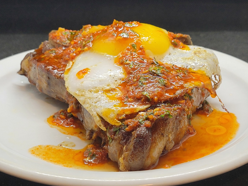 Chimichurri Veal T-Bone Steak with Duck Eggs