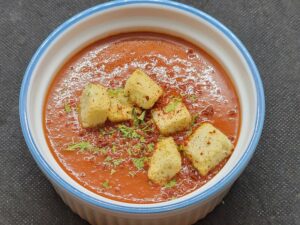 Beef Tomato Soup with Croutons, Parsley and Korean Chili Flakes