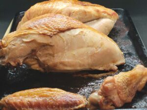 Baked Poultry Brined turkey Breast & Wings @ 375 F for 1 H+ until 157 F internal temp