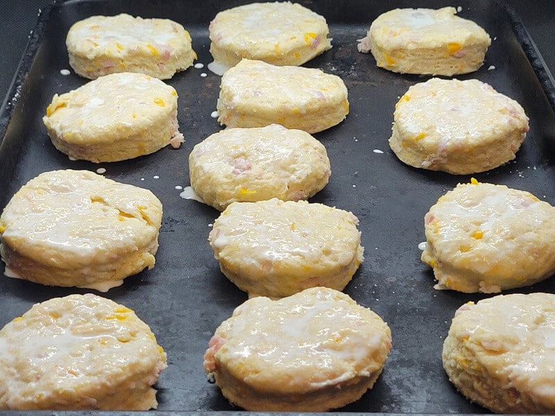 Ham & Cheese Biscuits before the oven, brushed with Milk