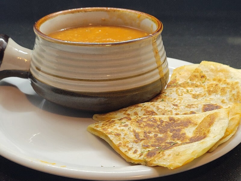 Side view Burrito Soup & Cheese Quesadillas