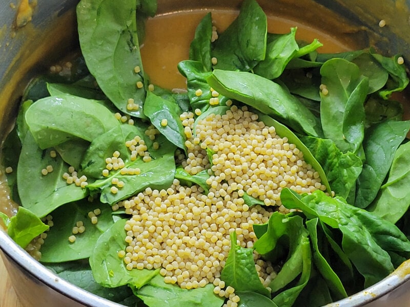 Squash Soup, adding Spinach and Pasta