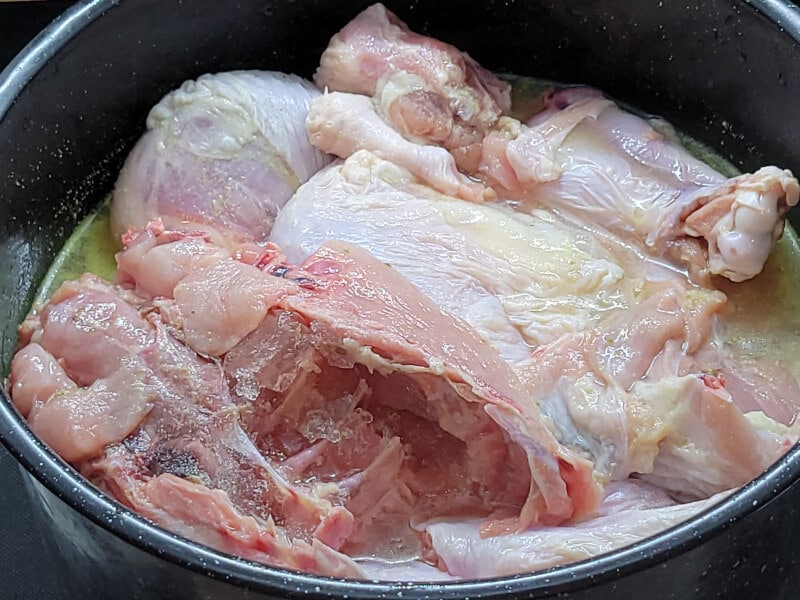 Whole Turkey Chopped Down and Marinated in Poultry Brine