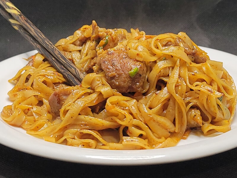 Plate of Beef & Pork Sweet Thai Stir Fry with Rice Noodles