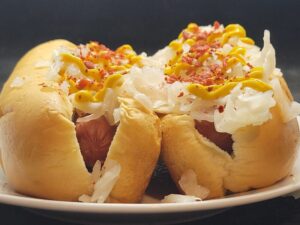 Steamie Sauerkraut Dog with Bacon Bits