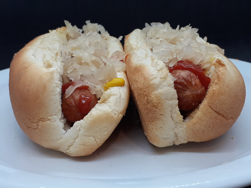 Steamie Sauerkraut Dogs with Ketchup, no bacon bits