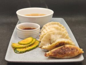 Korean Dumplings with Korean Cucumbers, Miso Soup and Dipping Sauce