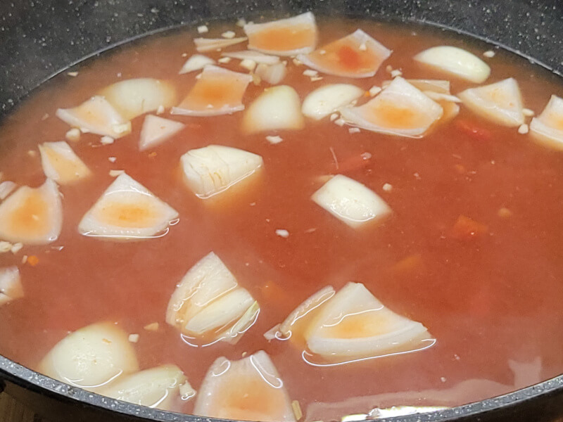 Thai Soup or Tom Yum Soup Base, adding Vegetables and Nam Prik Pao