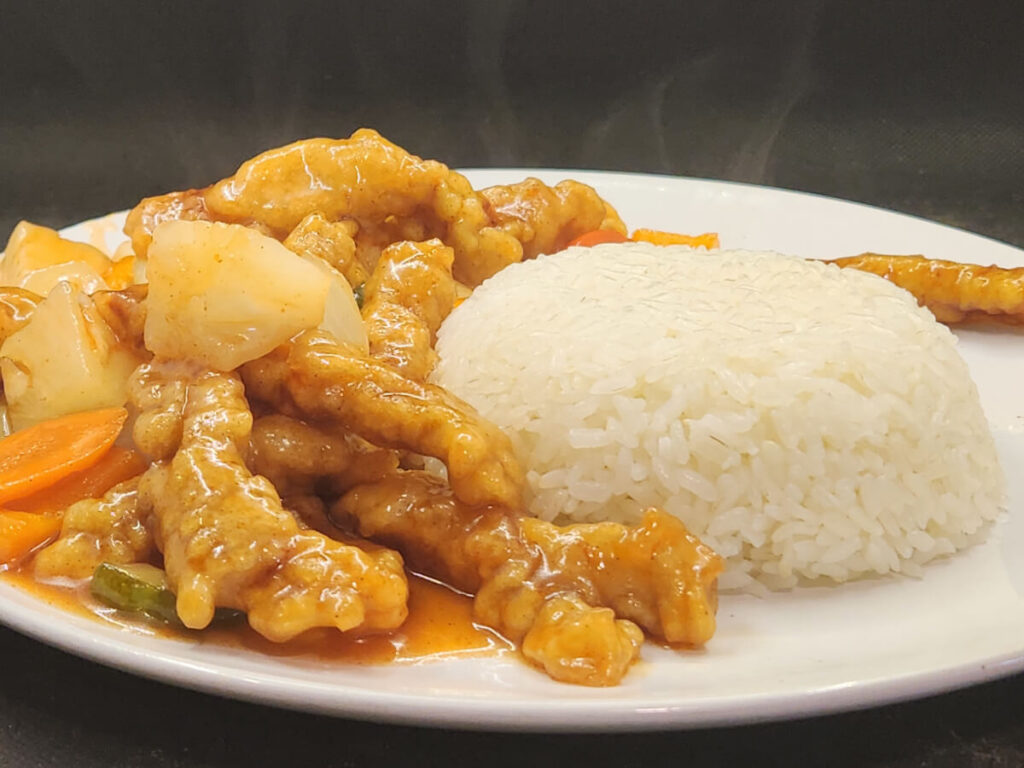 Plate of Korean Sweet & Sour Pork with Steamed Rice