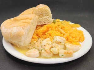 Wine Lemon Garlic Butter Shrimp with Adobo Sazon Rice and Papo Secos