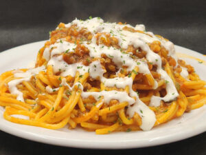 JAHZKITCHEN Creamy Pan Spaghetti with Roasted Tomato Meat Sauce