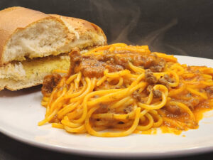 JAHZKITCHEN Roasted Tomato Meat Sauce Spaghetti with Garlic Bread