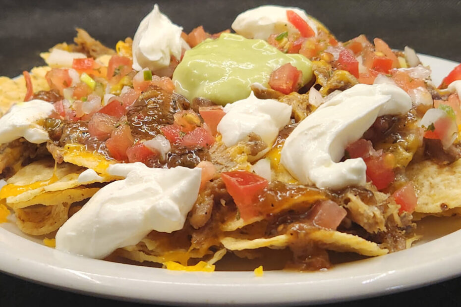 JAHZKITCHEN Carnitas Nachos with Cheese, Pico de Gallo, Poblano Salsa, Sour Cream and Guacamole