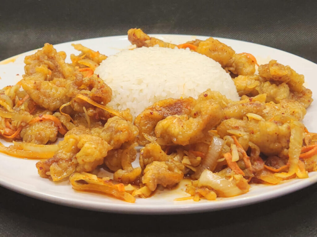 JAHZKITCHEN Ginger Pork around a mound of Steamed Rice