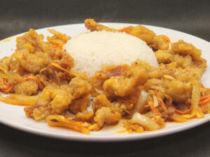 JAHZKITCHEN Ginger Pork around a mound of Steamed Rice