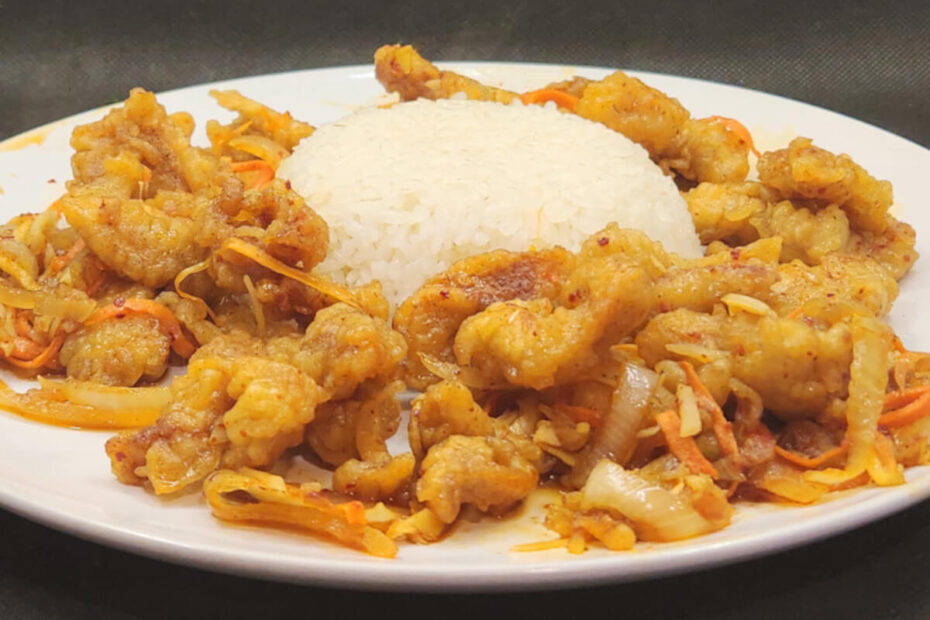 JAHZKITCHEN Ginger Pork around a mound of Steamed Rice