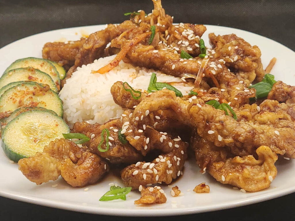 JAHZKITCHEN Plate of Ginger Pork with long green pepper, Korean Cucumbers and Steamed Rice