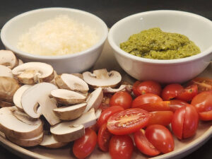 JAHZKITCHEN Twisty Sauce Pasta ingredients Pesto, parmigiano, Mushrooms, Tomatoes