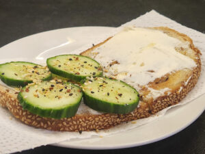 JAHZKITCHEN Open faced Cream Cheese Toast with Cucumbers and Everything Bagel Seasoning